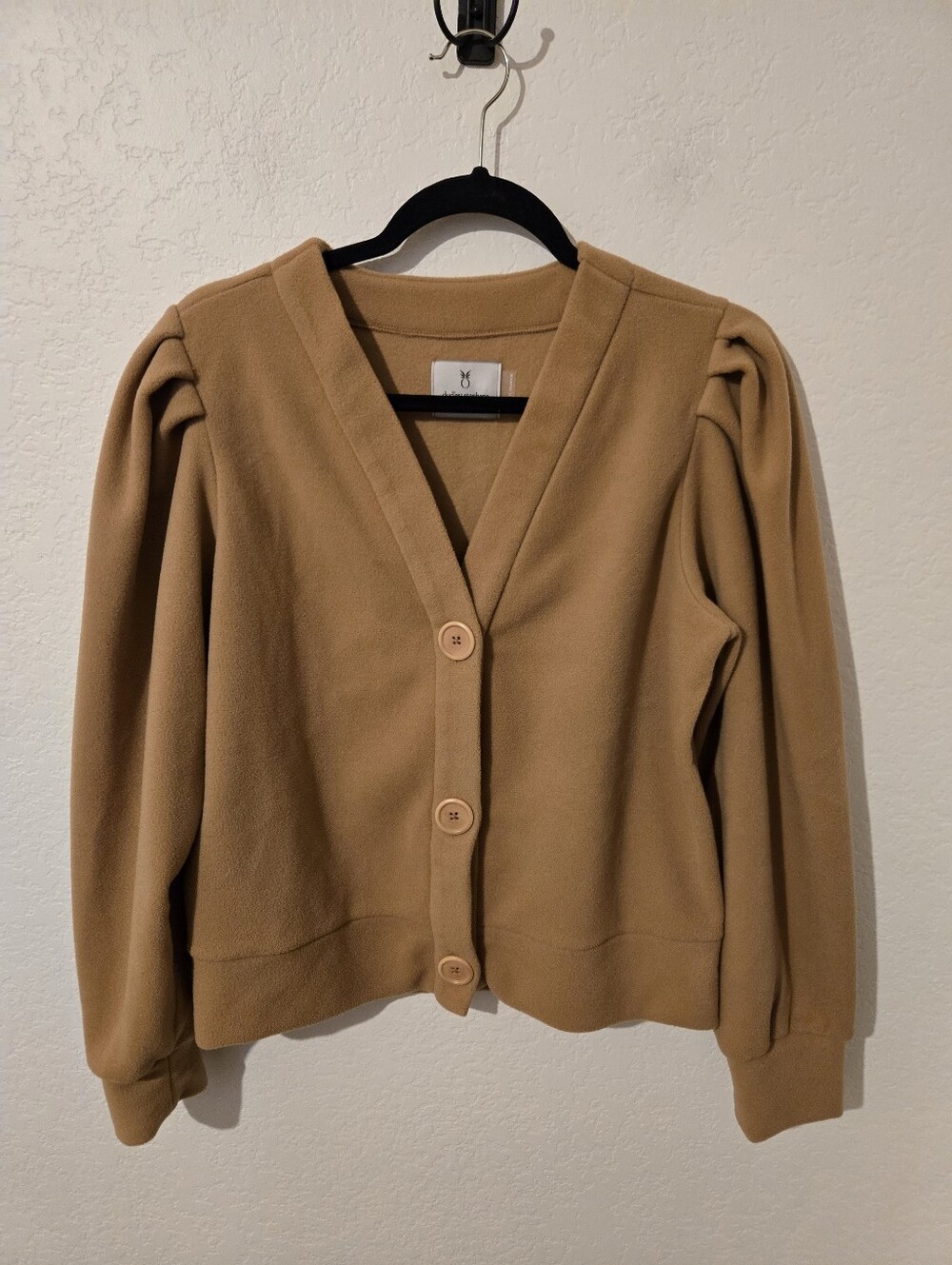 Women's Dudley Stephens Camel V-Neck Puff-Sleeve Cardigan